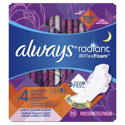 Our <strong>Always Radiant Pads</strong> are up to 100% leak free and are designed to absorb 10x its weight - available in all sizes and uses our Light Clean Scent. . Always radiant pads size 4
